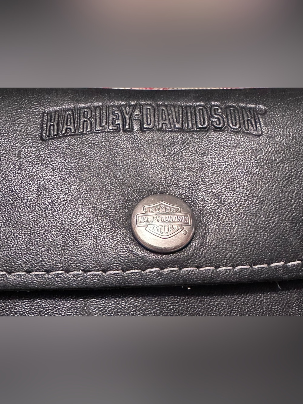 Harley-Davidson Black Leather Tri-Fold Wallet with Metal Logo Snap